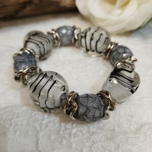 Vintage Silver, Blue and Black Glass and Acrylic Beaded Bracelet